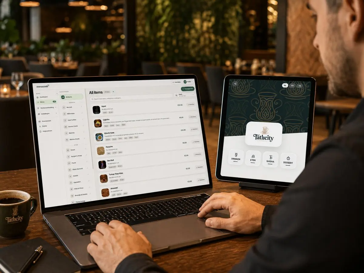 Restaurantmanager werkt aan de MenuCode menukaart terwijl de huidige kaart live blijft
