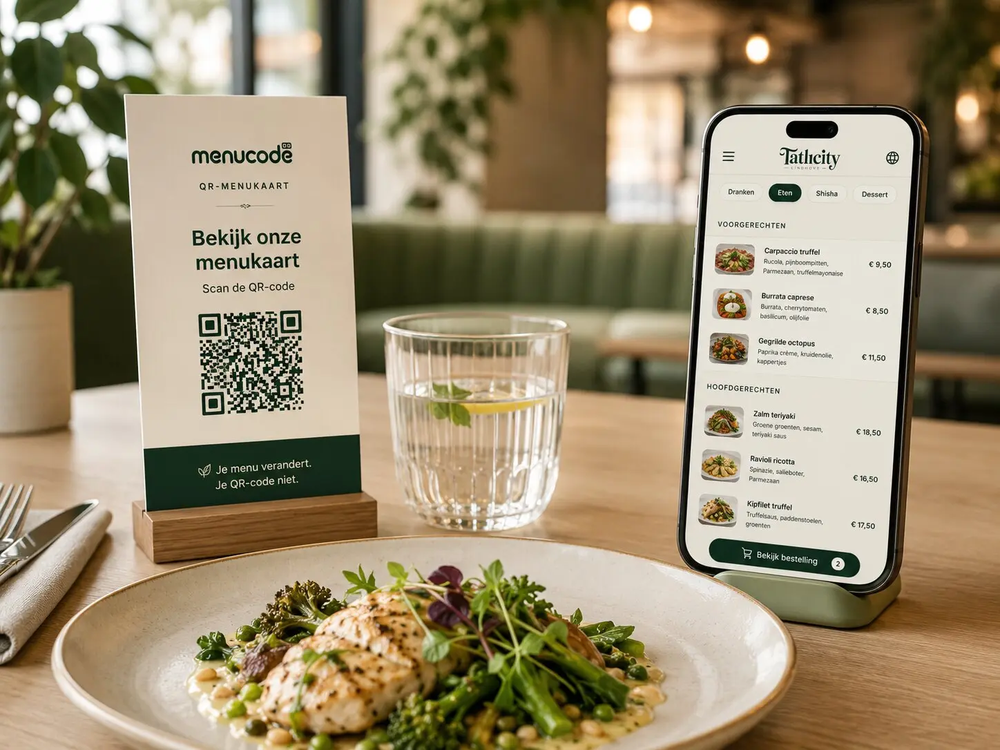 MenuCode QR-menukaart naast een gerecht in een restaurant